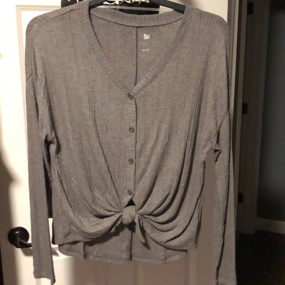 Women’s grey button down tie shirt